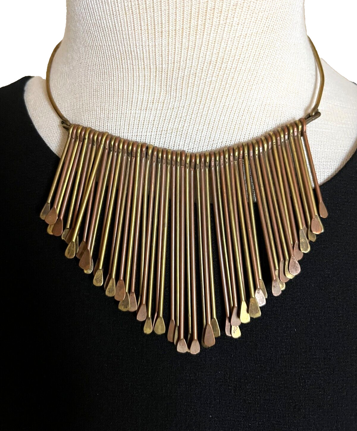 Vintage Brass Paddle Bib Collar Necklace Choker Hammered Fringe Tribal Boho