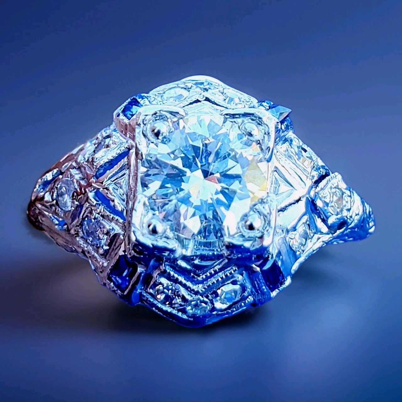 Original EARTH MINED DIAMOND Deco Engagement Ring 1 ct Vintage PLATINUM Sapphire