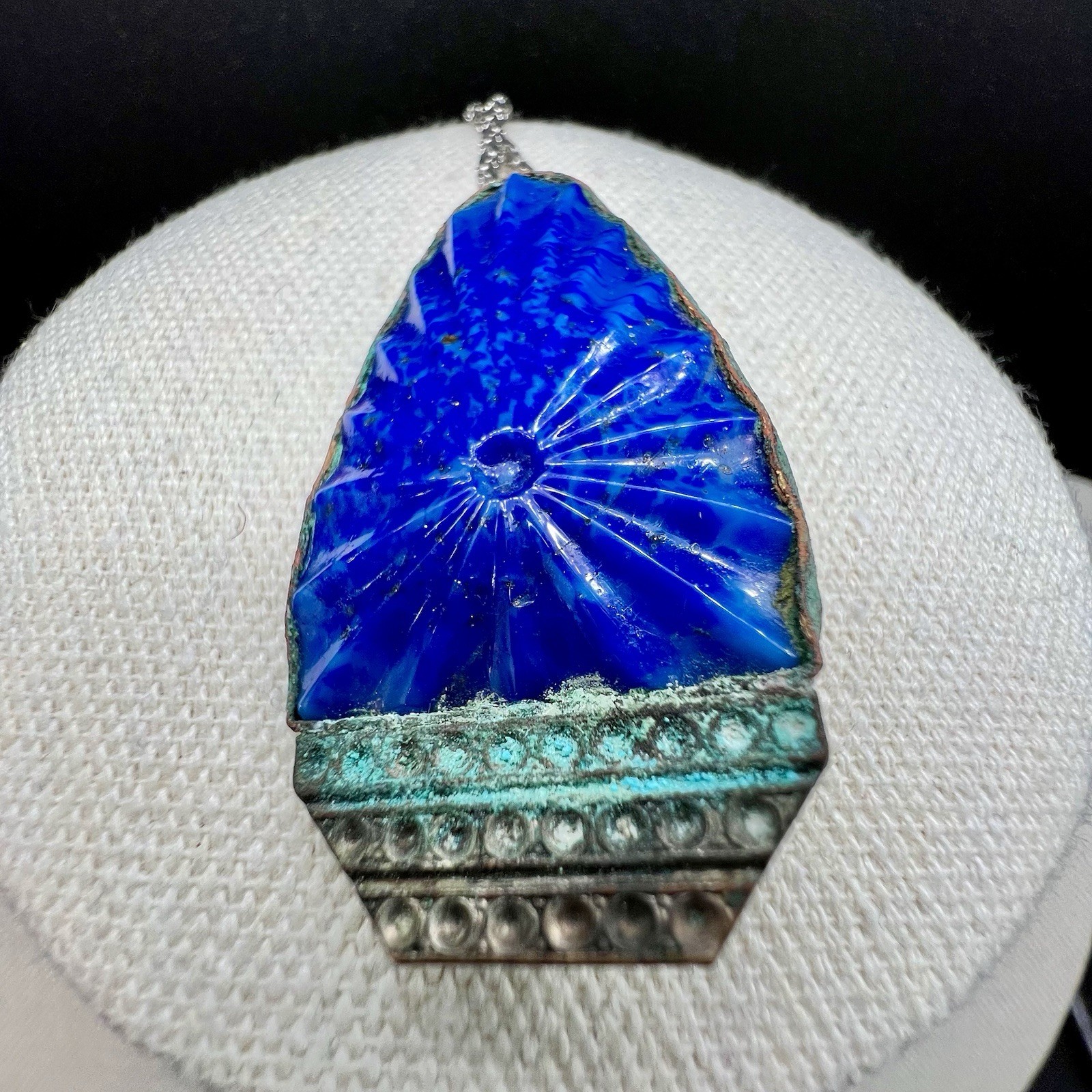 Cobalt Blue Statement Pendant Necklace Set Peacock Brooch Earrings Art Deco Look