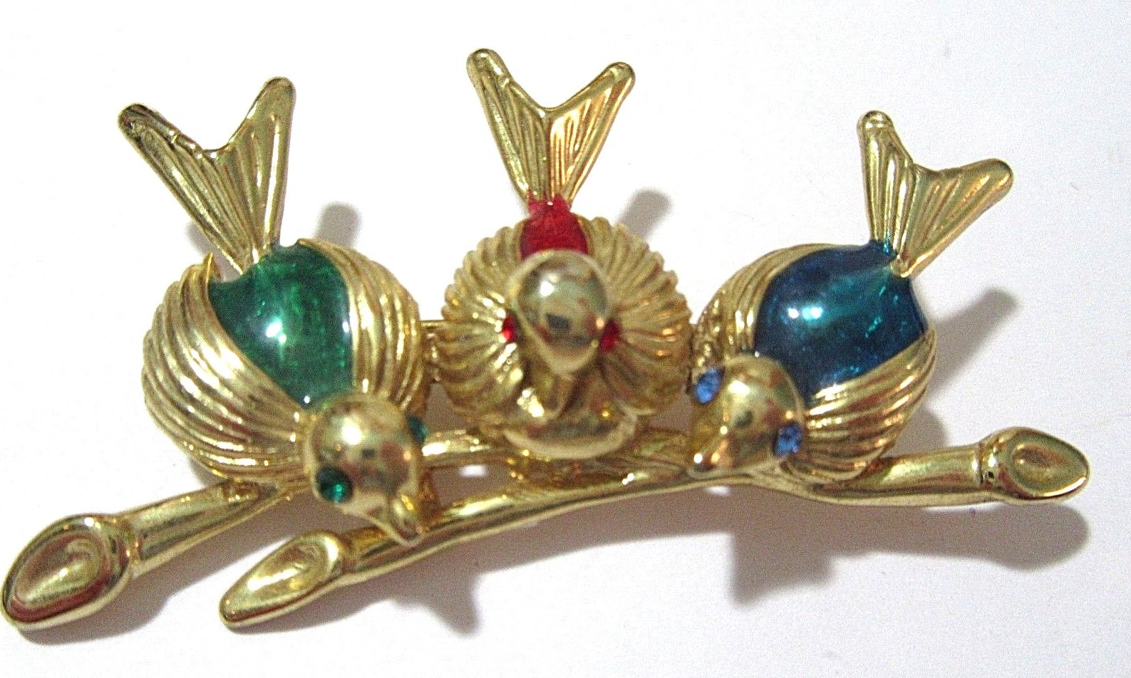PRETTY TRIO THREE BIRDS ON A BRANCH RED GREEN BLUE ACRYLIC SIGNED FIGURAL NLH