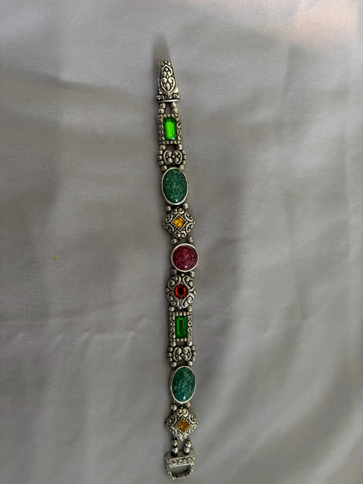Victorian Revival Slide Charm Bracelet Colorful Confetti Glass Cabochons