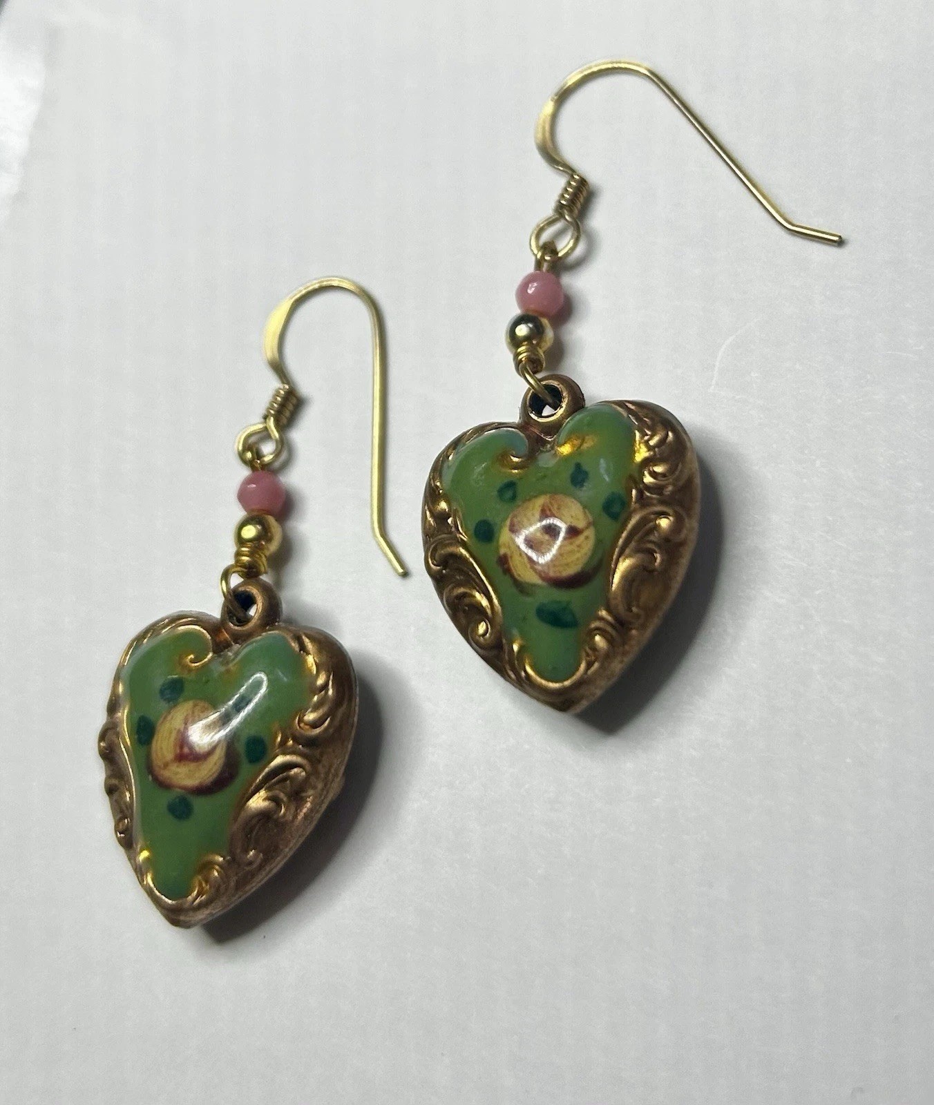 VTG Puffy Heart Charm Earrings , Enamel Earrings, Hand Painted Lucy Isaacs