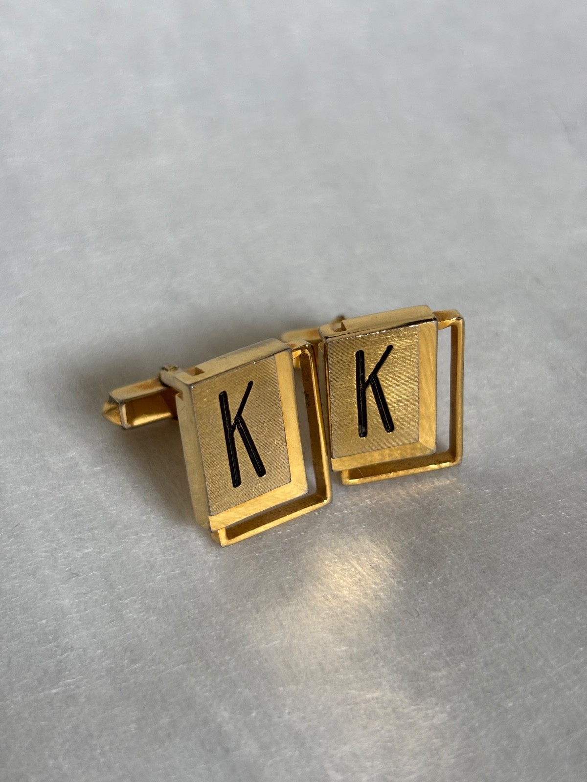 Vintage Initial K Cufflinks Gold Tone Square Geometric Monogram Mens Jewelry⁠