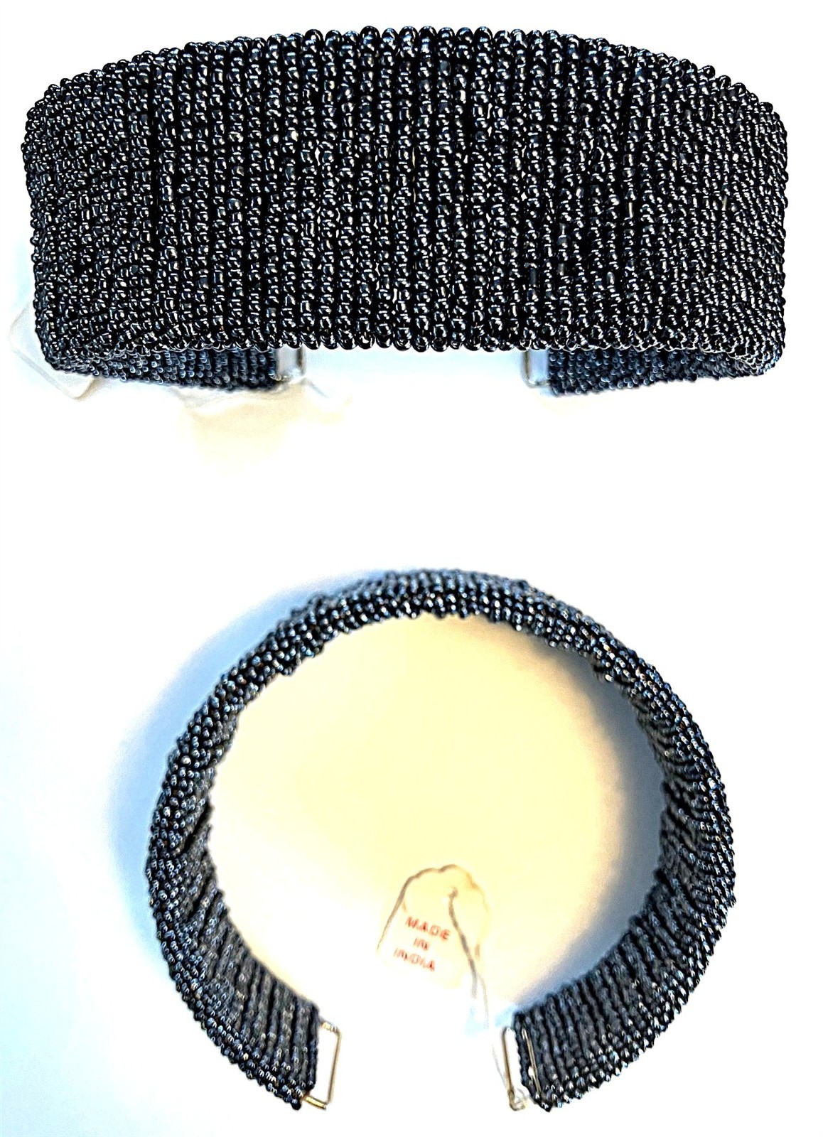 Vintage Hand Woven Hematite Glass Seed Bead Wired 1.5″ Collar Flex Choker 34