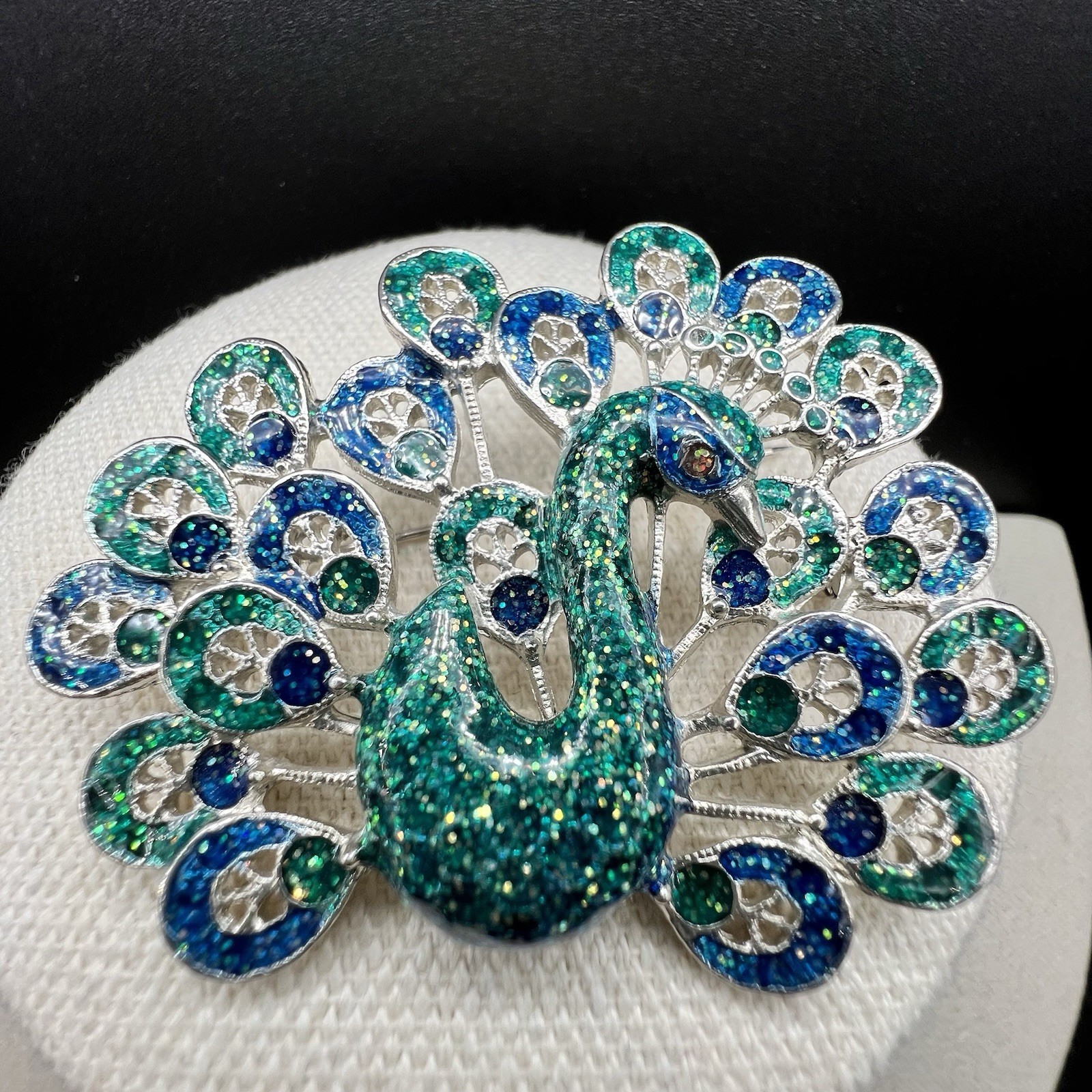 Cobalt Blue Statement Pendant Necklace Set Peacock Brooch Earrings Art Deco Look