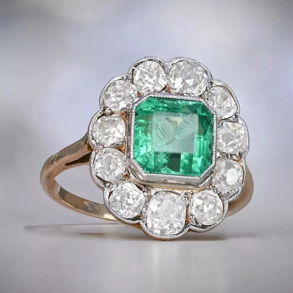 4.54Ct Vintage Art Deco Asscher Lab Created Emerald Wedding 14K Gold Finish Ring