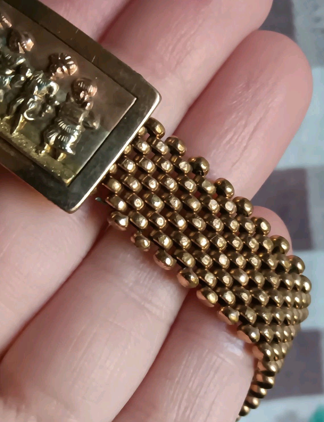 Antique *Damaged* Brass Mesh Link Bracelet Rectangle Clasp People Scene 7″