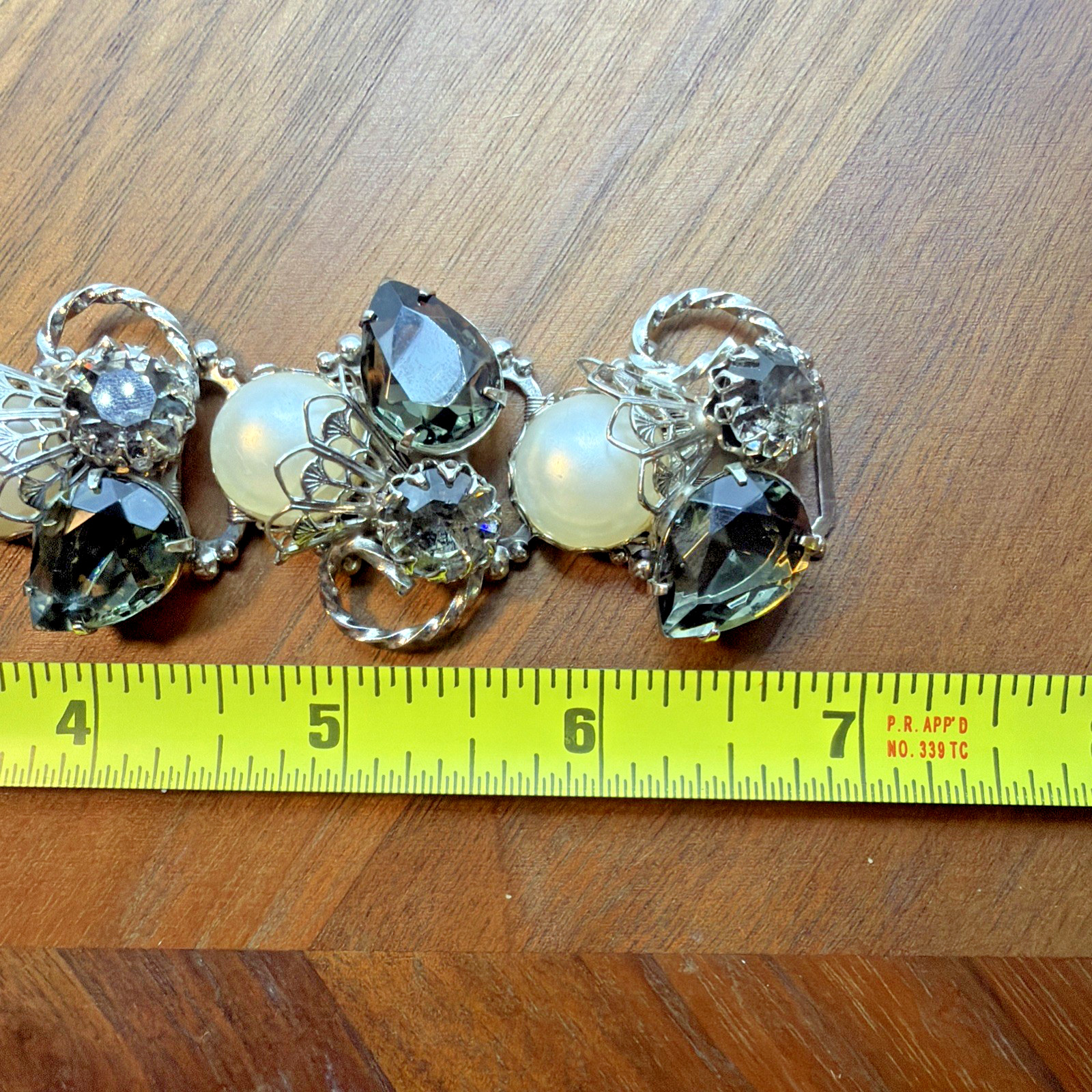 Vintage Silver Toned Bar Link Bracelet Smokey Glass Faux Pearl Size 6.5