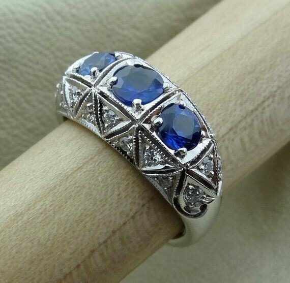 Art Deco Style 3Ct Round Lab Created Sapphire Engagement 14K White Gold FN Ring