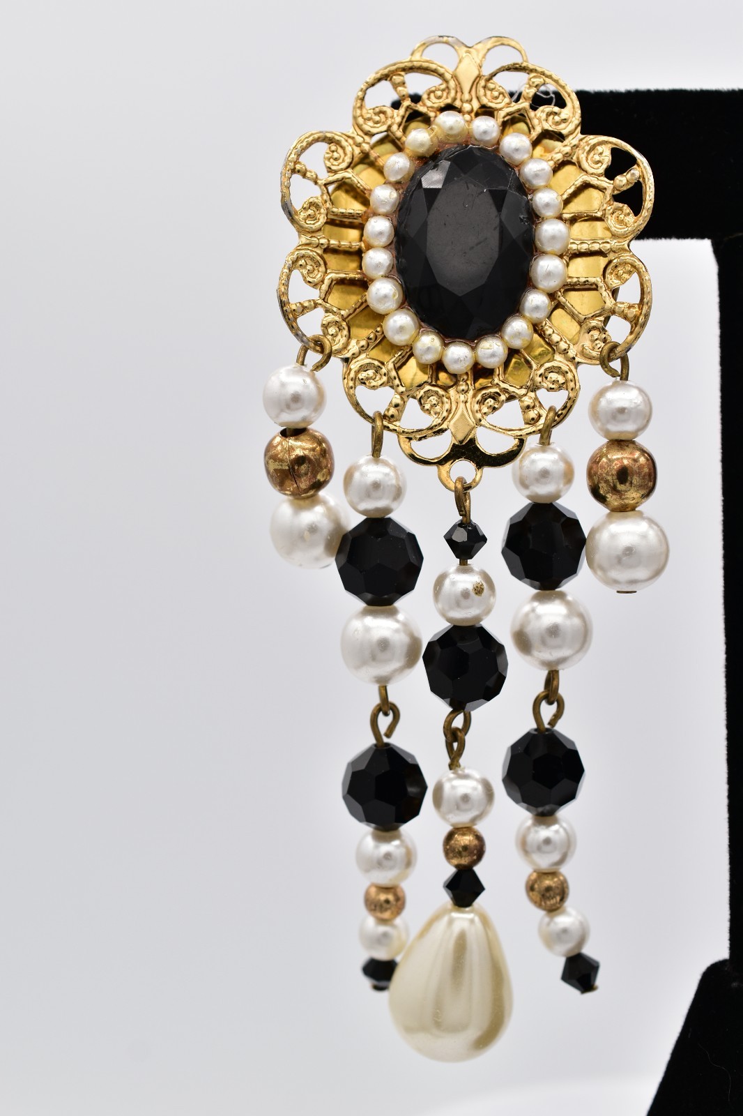Jacklynn Vintage Beaded Fringe Clip On Earrings Black Crystal Pearl Gold BinBF