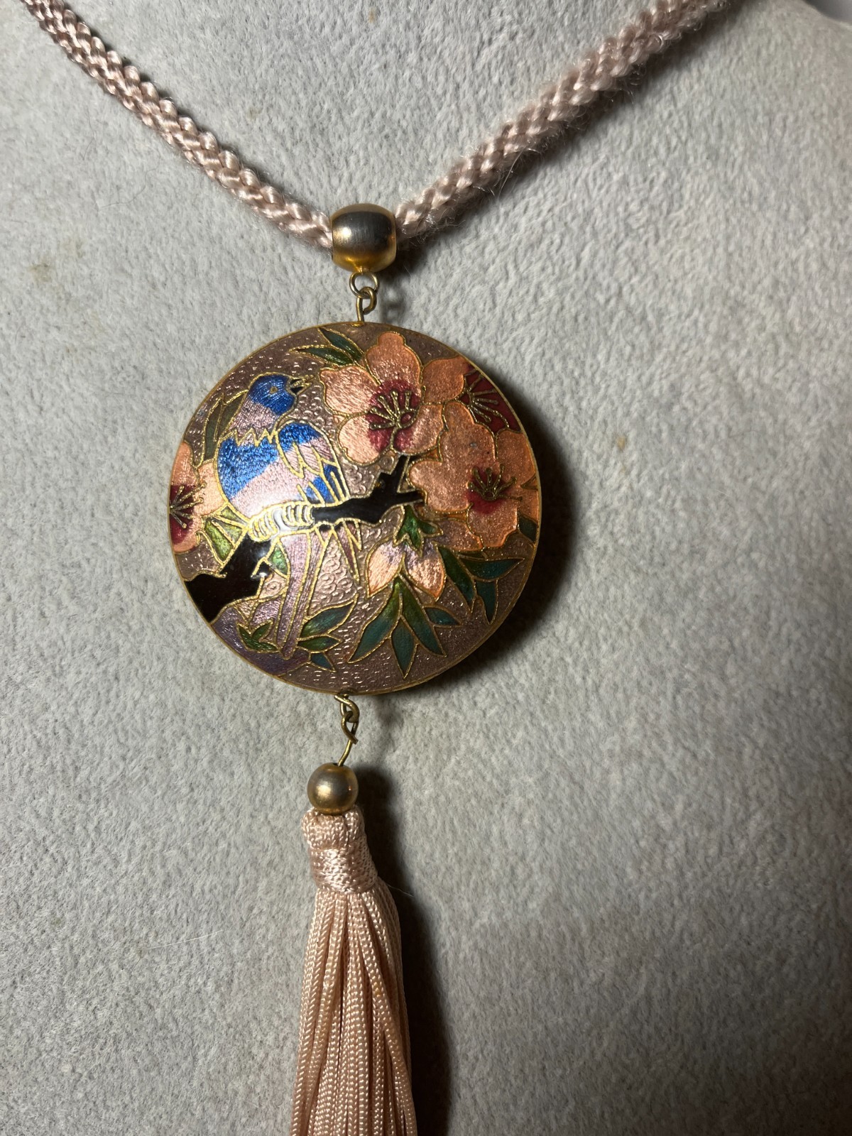 Vtg Cloisonne Pendant Tassel Necklace 26” Nylon Chain Brown Enamel Bird/Flowers