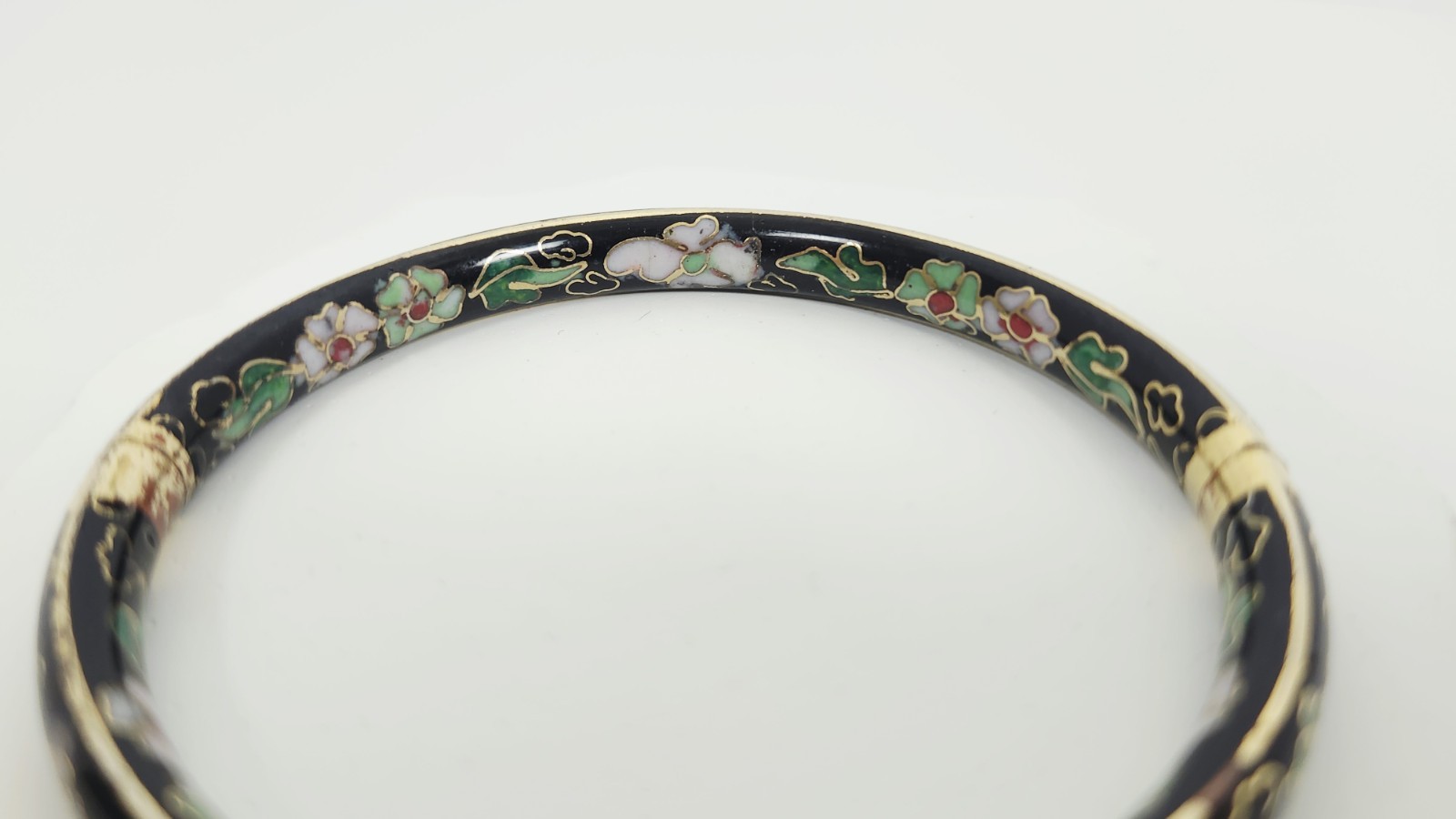 Vintage Chinese Black Cloisonné Enamel Bangle Bracelet Floral Hinged Gilt Brass