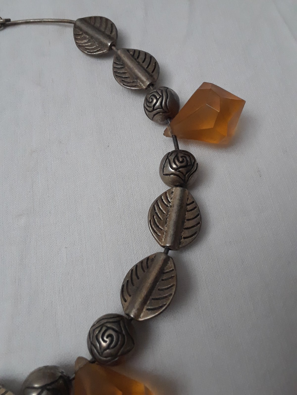 Vintage Handmade Silver Tone Chocker Necklace with Amber Beads 10 in