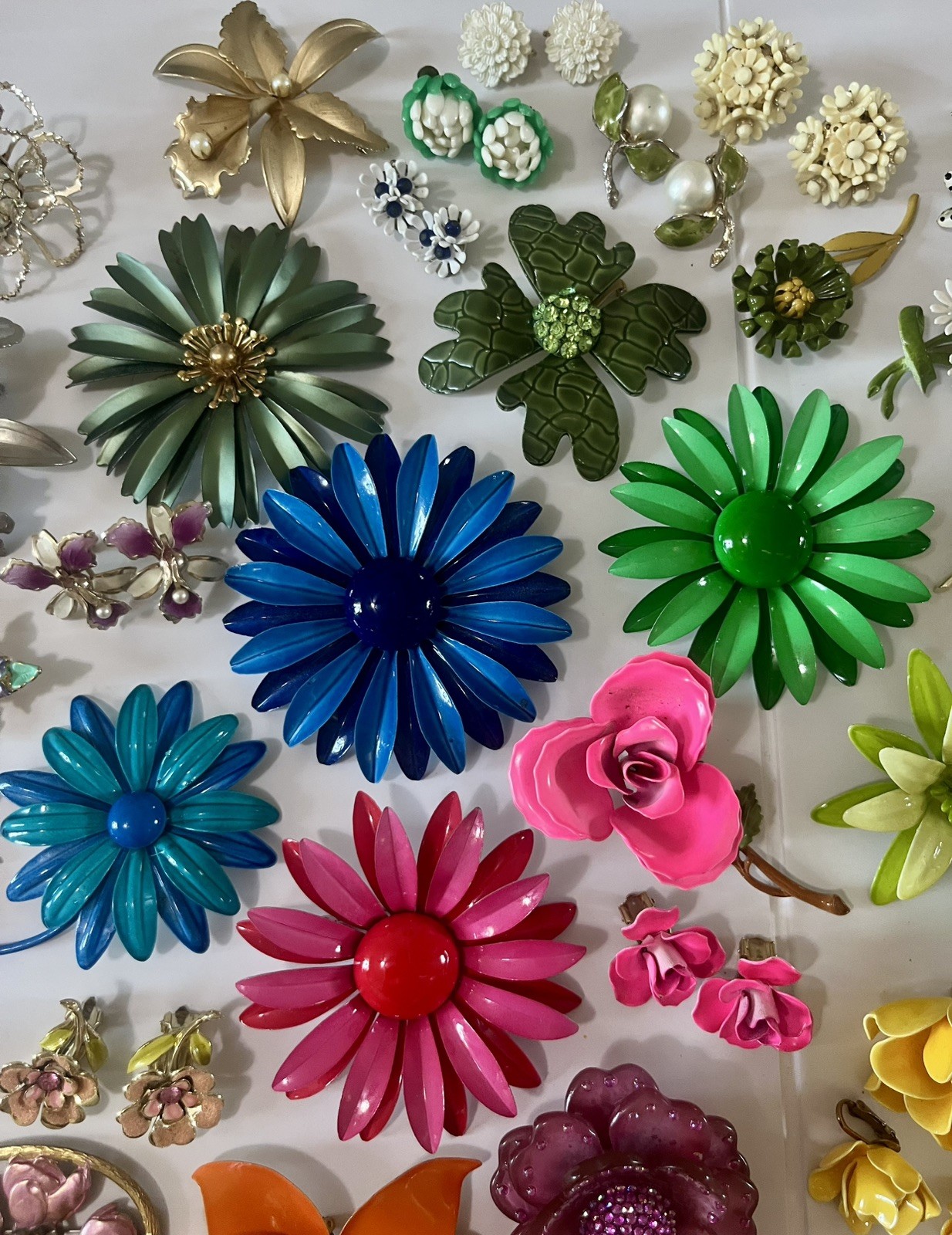 Vtg Enamel Flower Brooch Pin Earring Lot Rhinestone Signed Retro Jewelry 62 pc