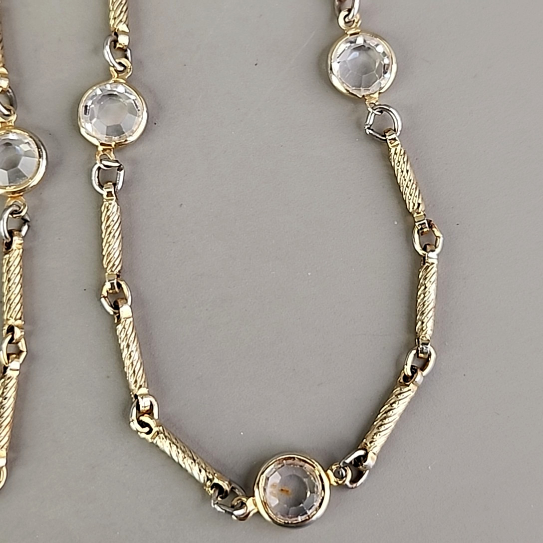 Vintage Open Bezel Necklace Clear Glass Bar Link Gold Tone Spiral 36″