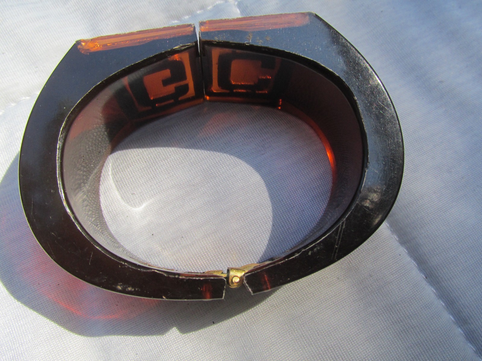 Vintage Lucite Clamper Bracelet GC Initials Brown 6.5″ Gold Plated Statement