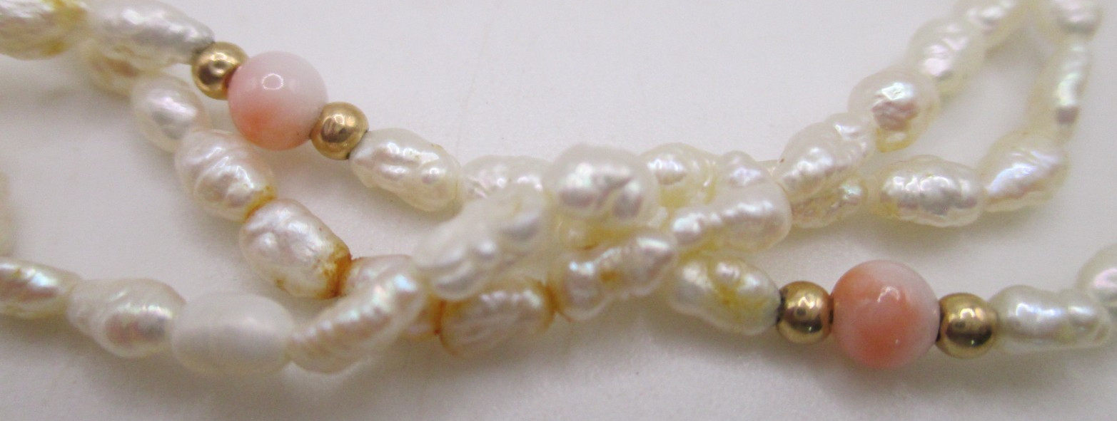 14k yellow gold bead & clasp freshwater pearl & pink coral 7″ 3 strand bracelet