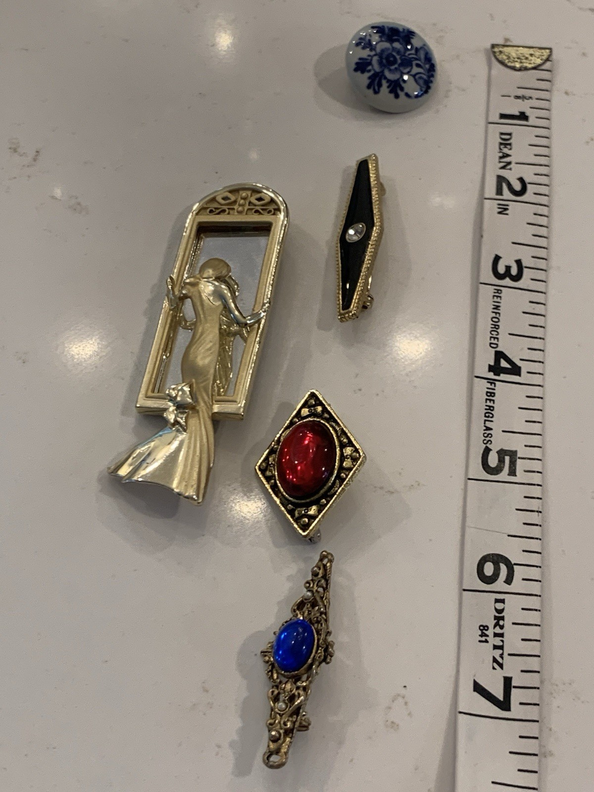 Vintage Brooch Lot, Lady In Mirror, Brass, Blue/ Red Glass, Delft Holland