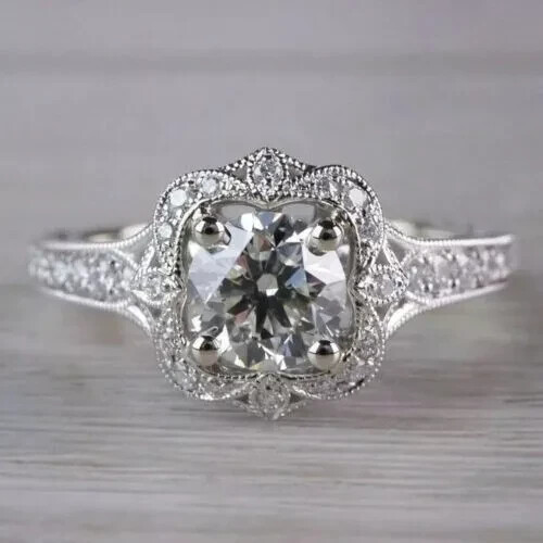 Art Deco Style Round Lab Created Diamond 14K White Gold FN Halo Engagement Ring