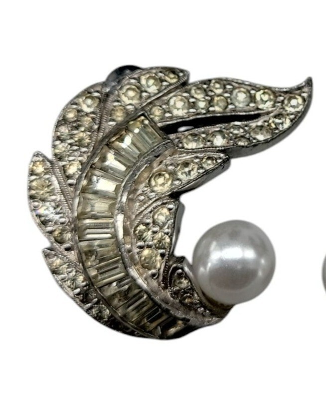Jomaz Rhinestone Paved Winged Clip On Earrings Faux Pearl Accent Vintage Patent