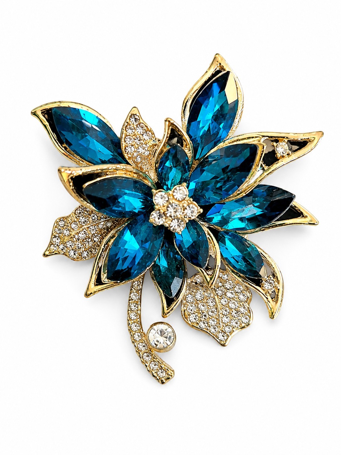 Vintage Blue Rhinestone Floral Brooch Gold Tone Navette Crystal Flower Pin