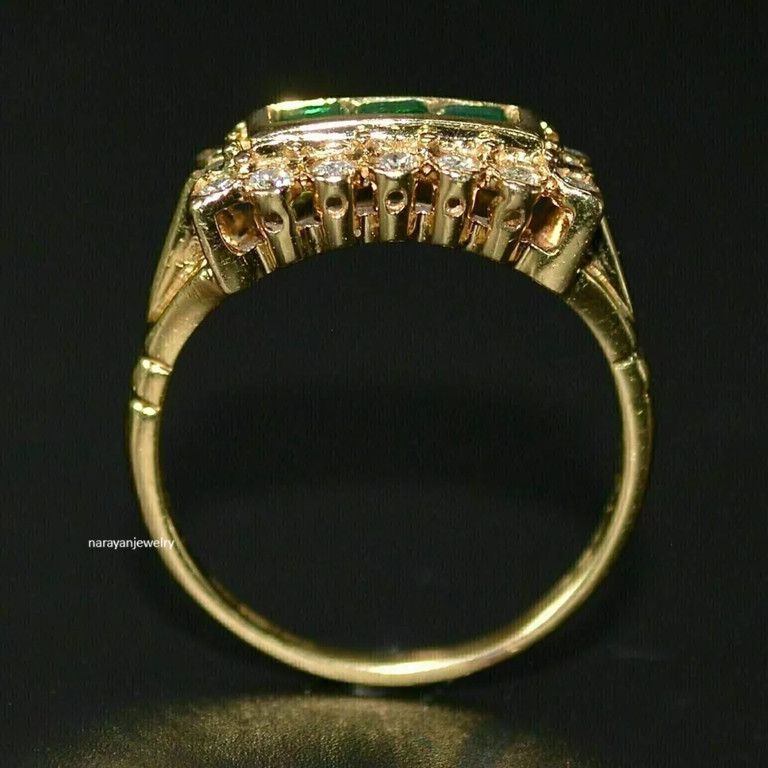 Edwardian 3Ct Lab Created Green Emerald Princess Cut Ring 14K Yellow Gold Finish