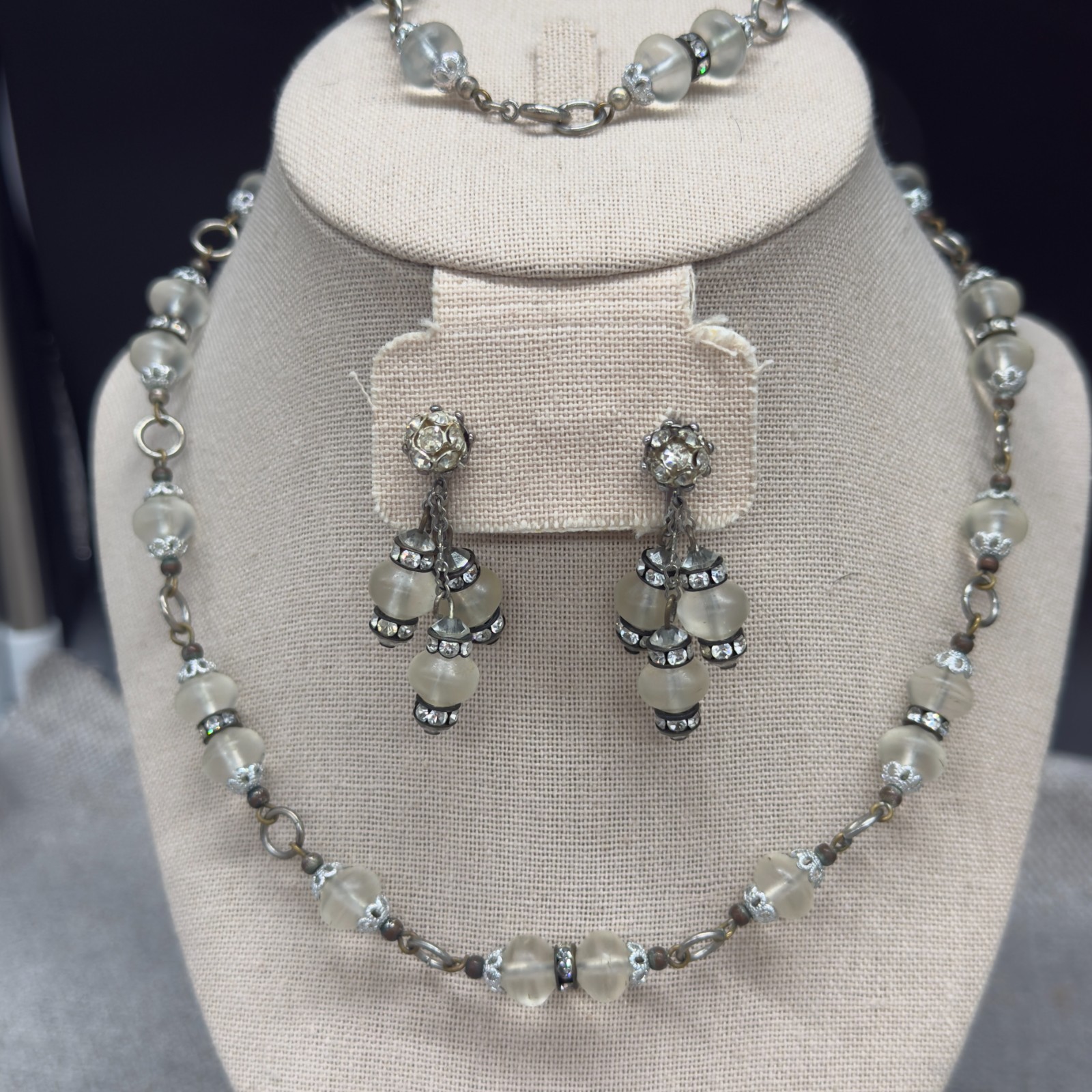 Vintage Earrings Bracelet 2 Necklaces Set Frosted Glass Beads Clear Rhinestones