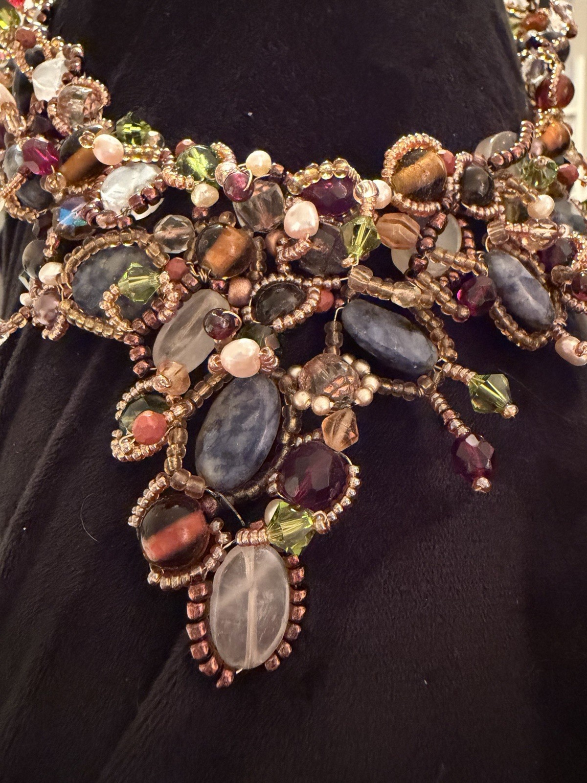 Vintage Unique Smoky Gem Beaded Handmade Choker Bib Statement Jewelry Necklace