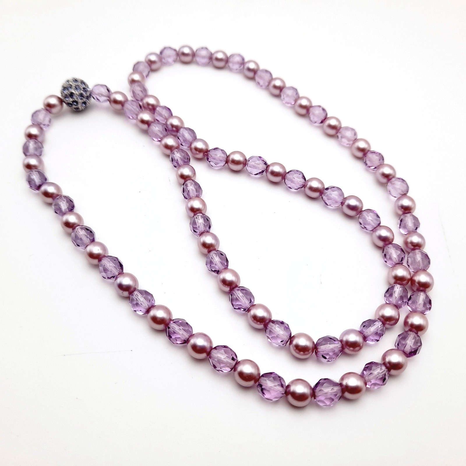 Vintage Joan Rivers Lavender Glass Pearls Crystal Beaded Necklace, Screw Clasp