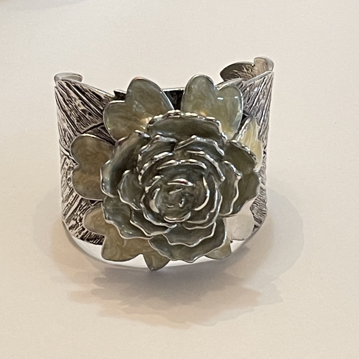 Vintage Oversized Enamel Flower Bangle Cuff Antiqued Silver Leaves Large