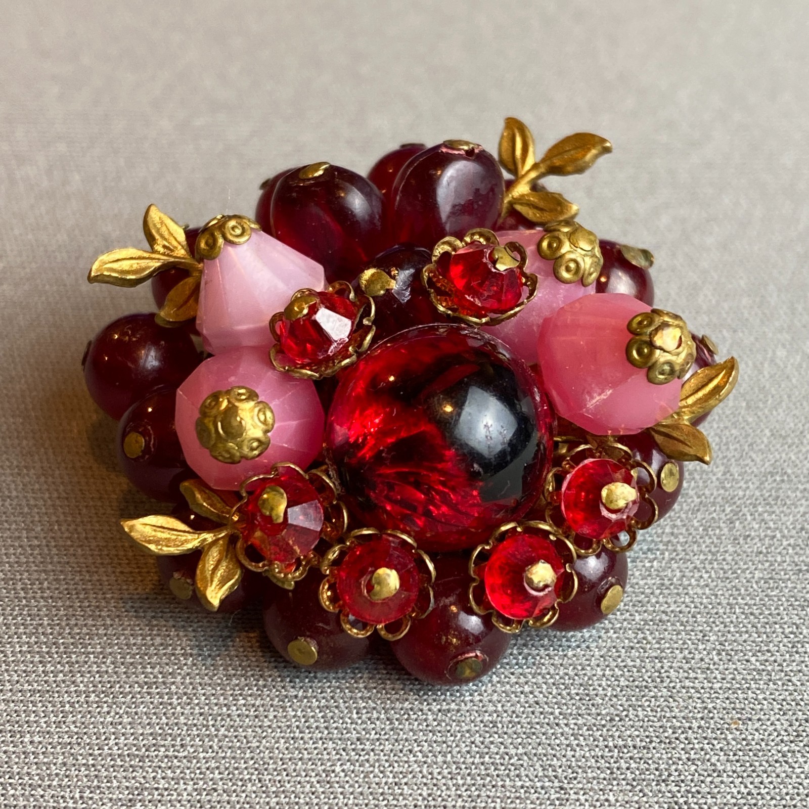 Vintage West Germany Wired Beaded Brooch Frosted Pink & Red Plastic & Gilt Brass