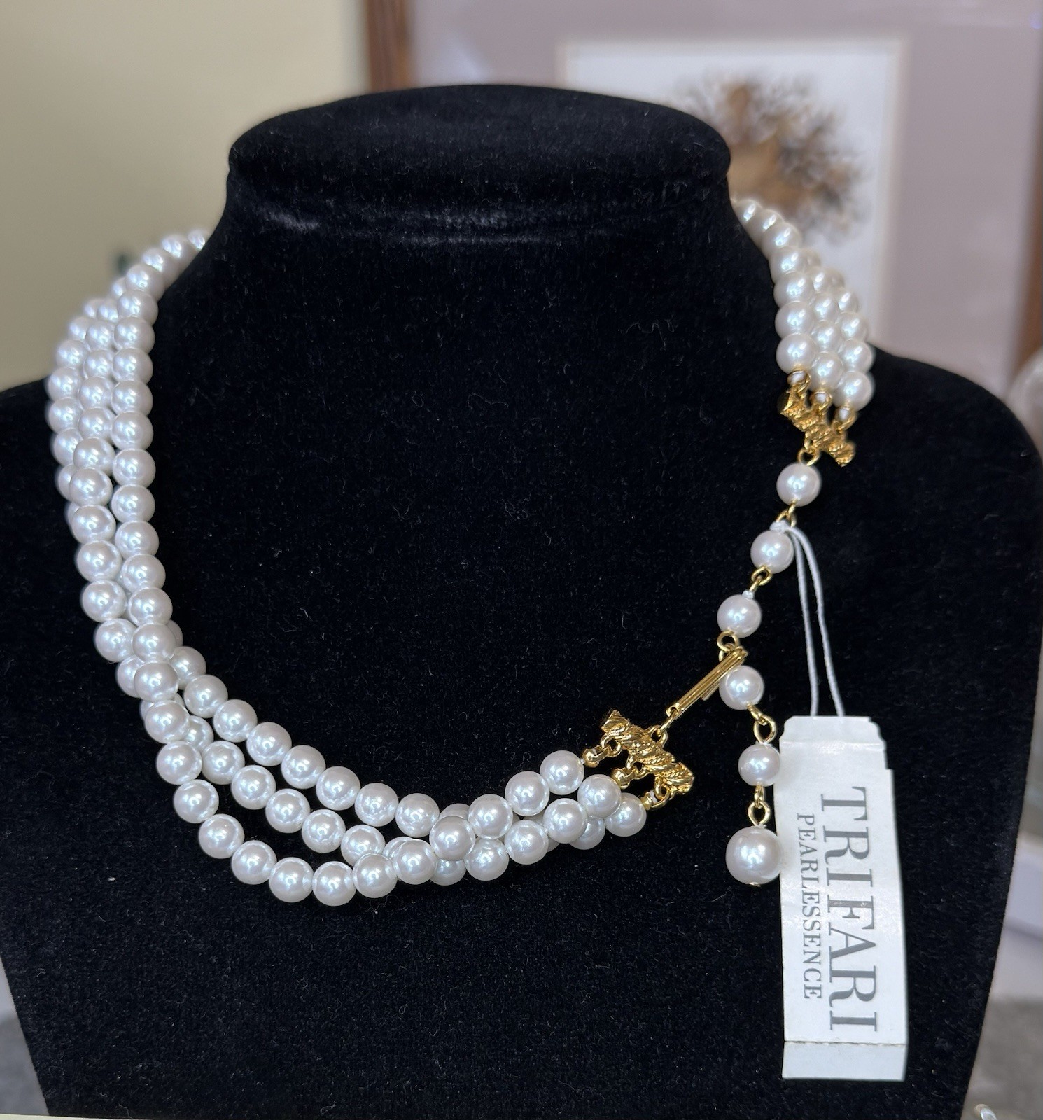 Pearlessence Trifari Triple Strand Faux Pearl 6mm Choker Necklace 14” Adj.