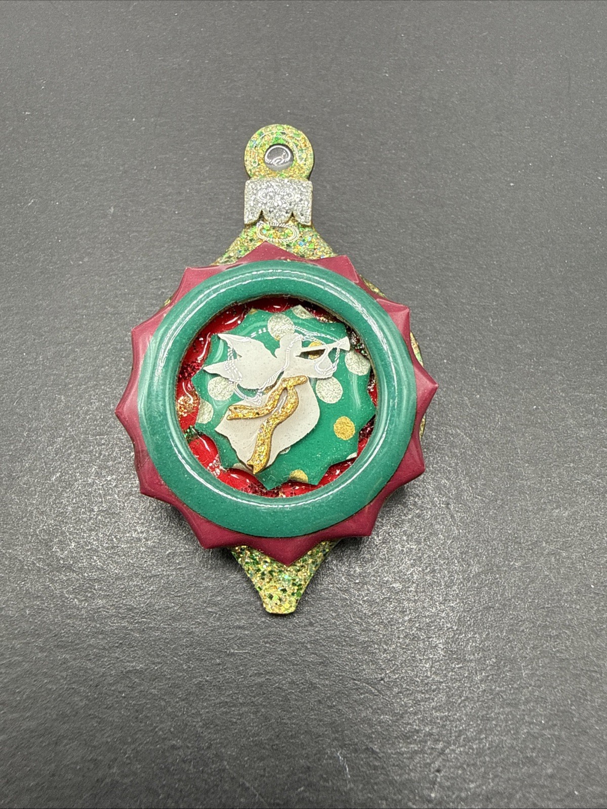 Lucinda Ornament Pin – Christmas Sparkle Angel Red Green