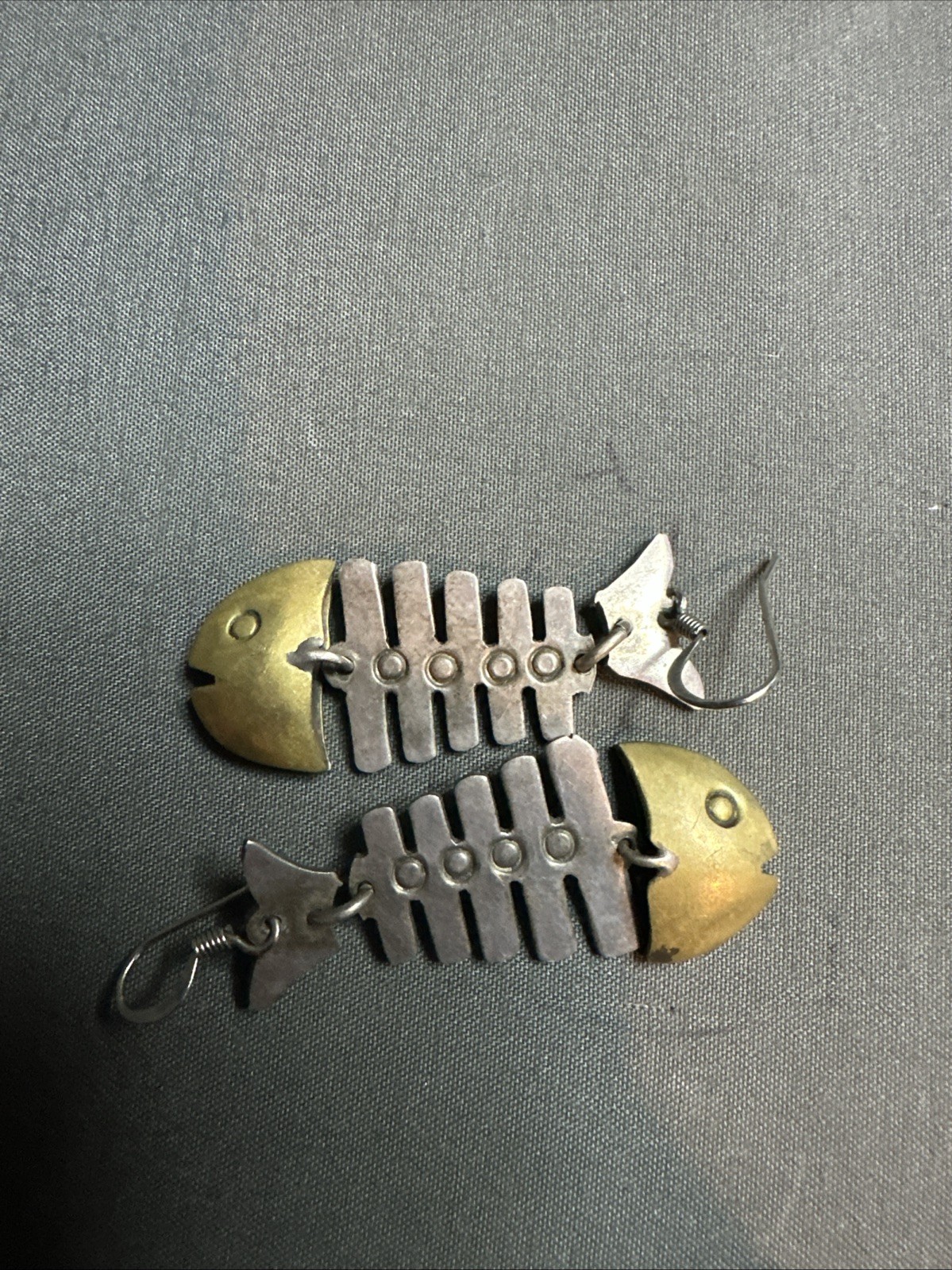 Vintage Mexico Fish Bones Skeleton Pierced Earrings /Sterling Silver Brass Head