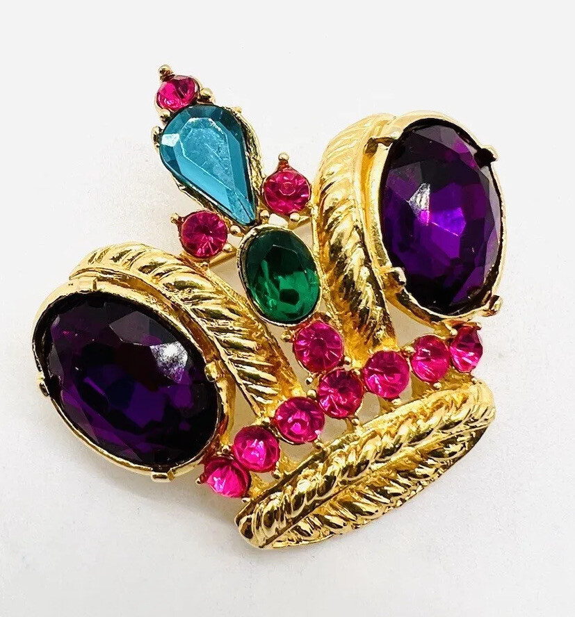 Jewel Tone Cabochon Regal Crown Brooch Prince of Wales Feathers Vintage Jewelry