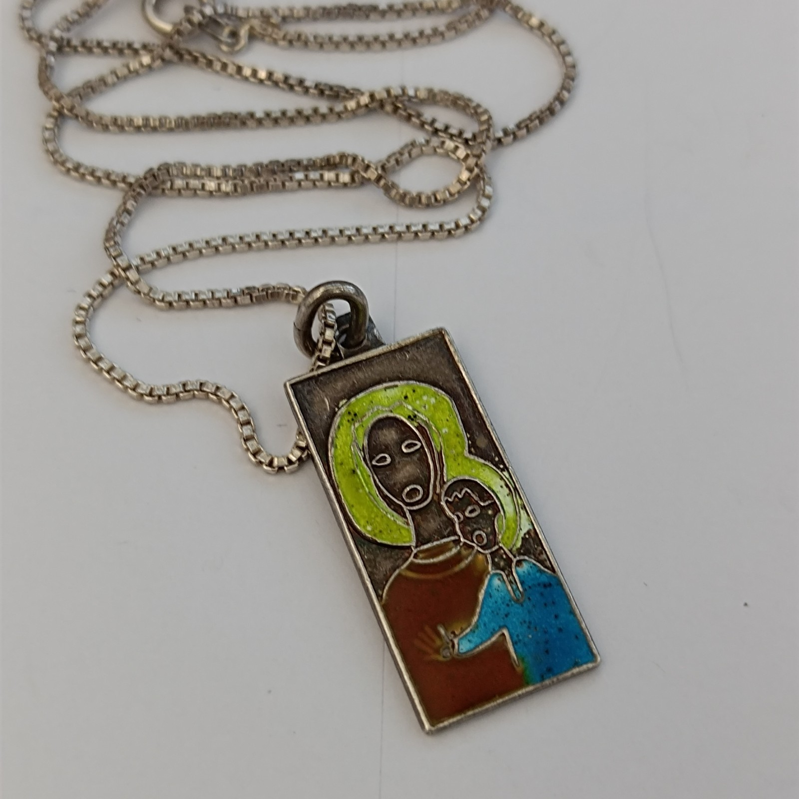 VTG 950 Silver Enamel Necklace Modernist Woman Child Artisan Abstract Pendant