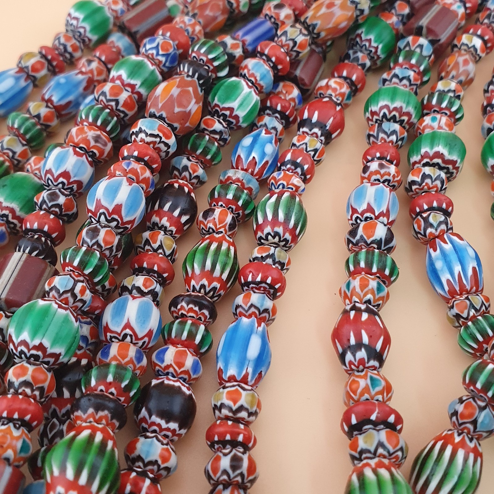 Antique Venetian MultiColor Mix Chevron Glass Beads Strands Necklace