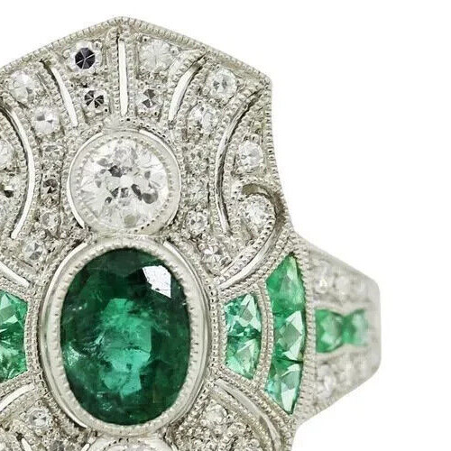Art Deco Oval Emerald & Lab Created Diamond 14K White Gold FN Anniversary Ring