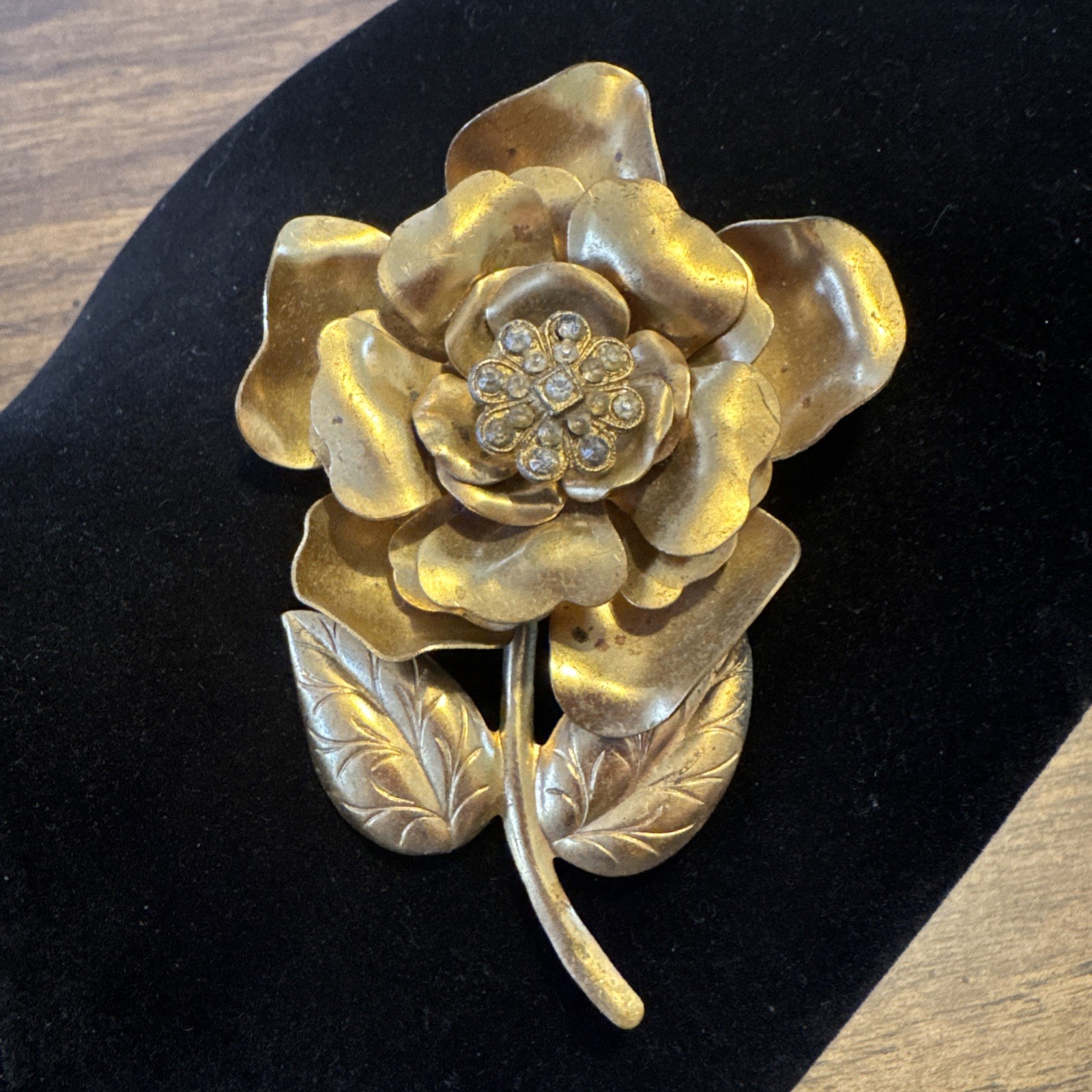Large Gold Rose Rhinestone Center Brooch Flower 3D Statement Peony Runway 4” T