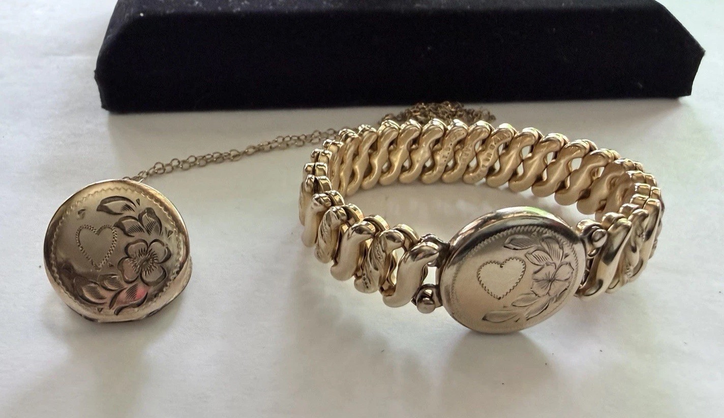 VTG 40s WWII Era Gold Sweetheart Expansion Bracelet & Necklace DF Briggs Carmen