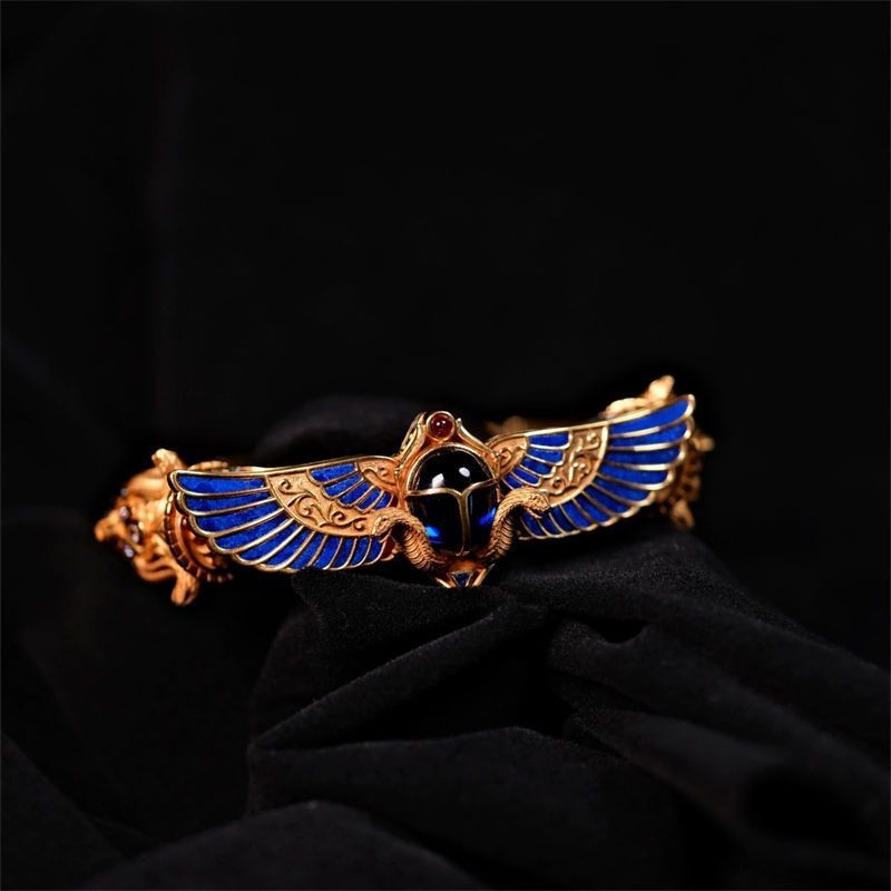Ancient Egyptian Winged Scarab Open Cuff Bracelet Vintage Gold Plated Jewelry