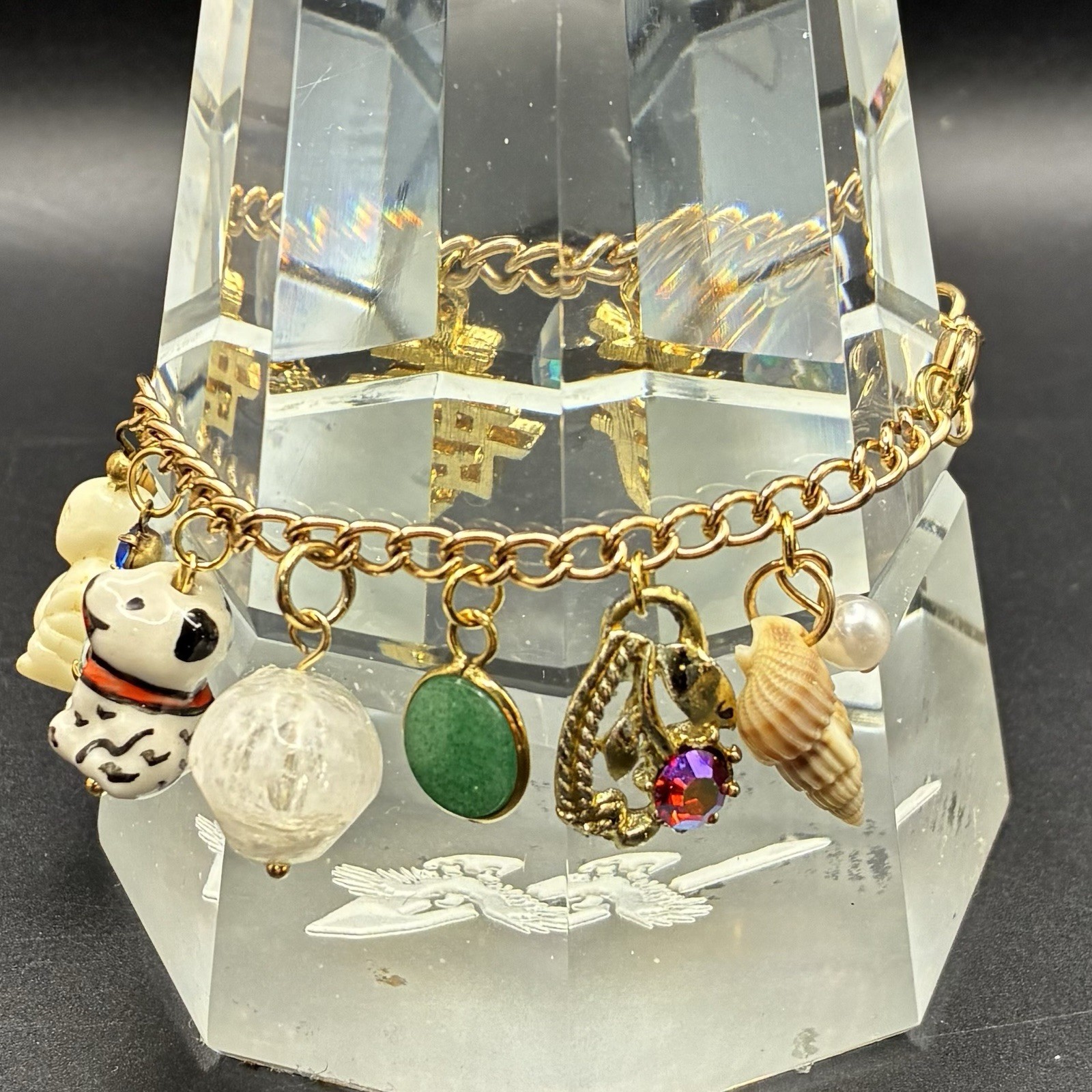 Vintage Eclectic Custom Charm Bracelet + Vtg Charms: Dog, Rabbit,Floral, Buddha+
