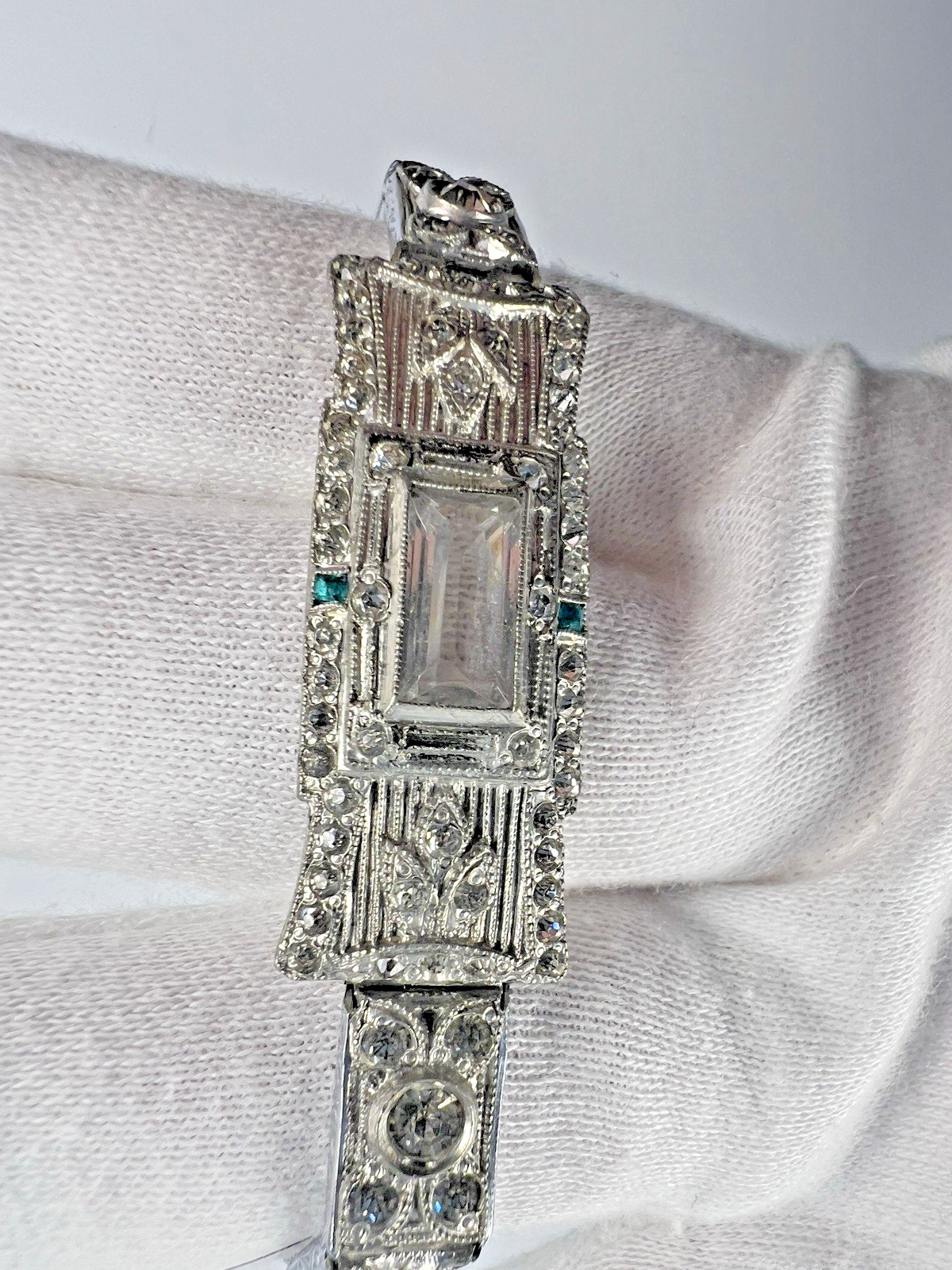 Antique 1920s 1930s Art Deco Tru White Plate Link Rhinestone Bracelet – 6.75″
