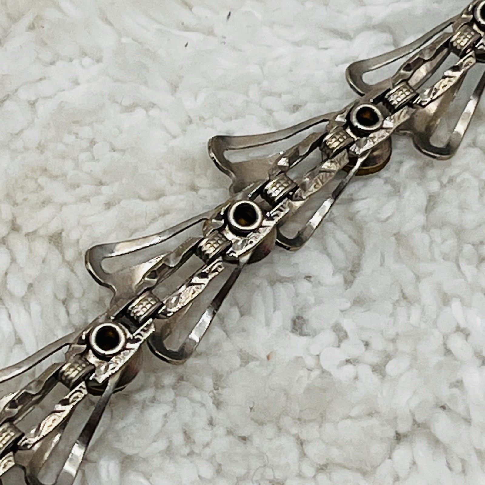 Vintage Green Rhinestone Bracelet Silver Tone Fan Link Open Work Deco Style