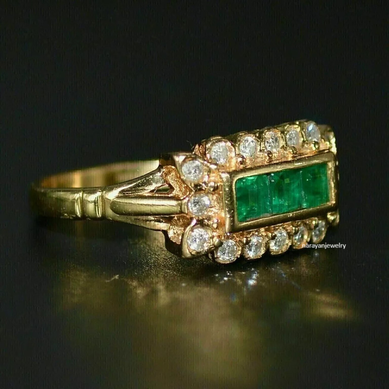 Edwardian 3Ct Lab Created Green Emerald Princess Cut Ring 14K Yellow Gold Finish