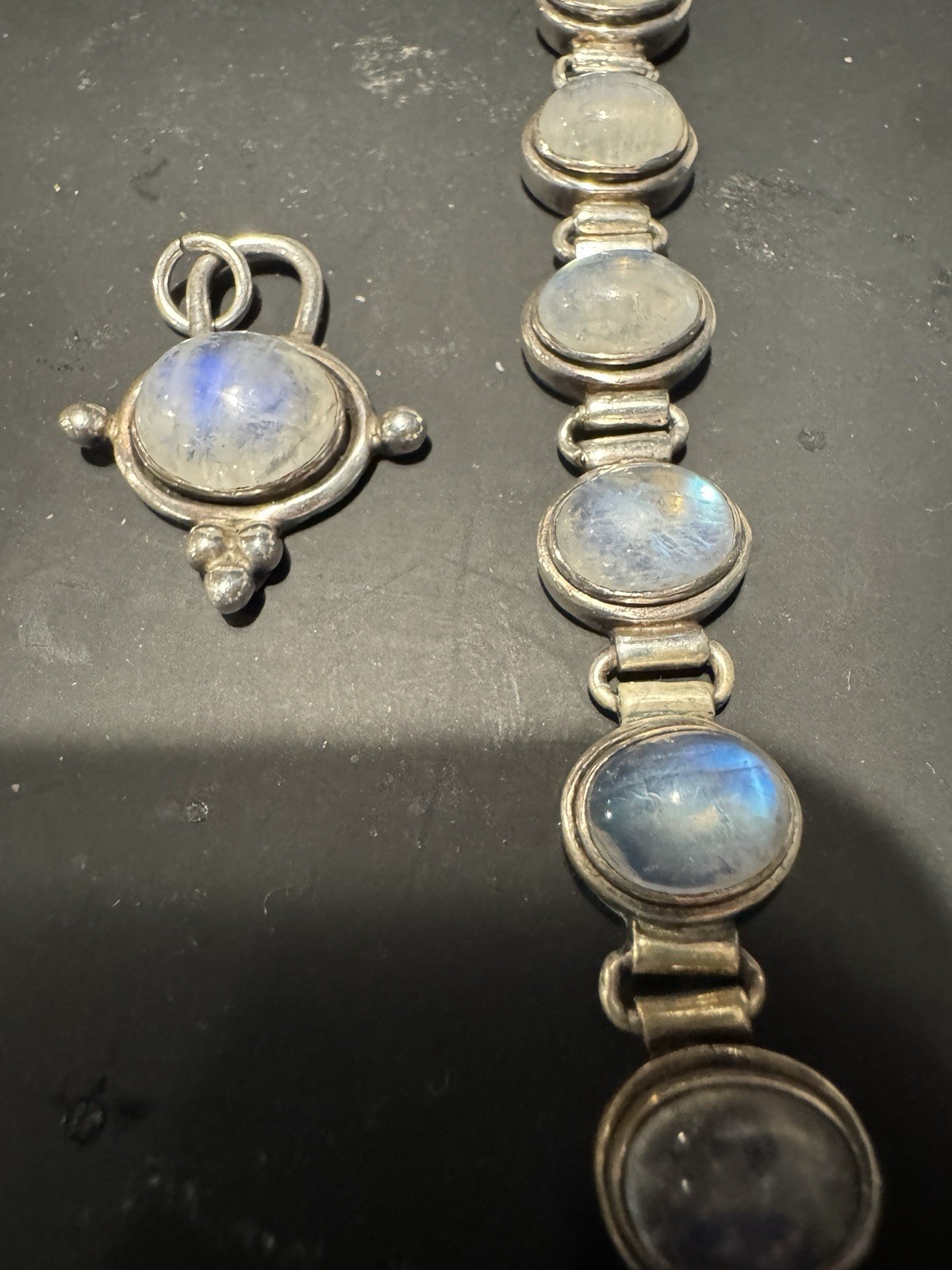 Vintage 925 Sterling Silver Rainbow Moonstone Jewelry Lot Bracelet Ring Earrings