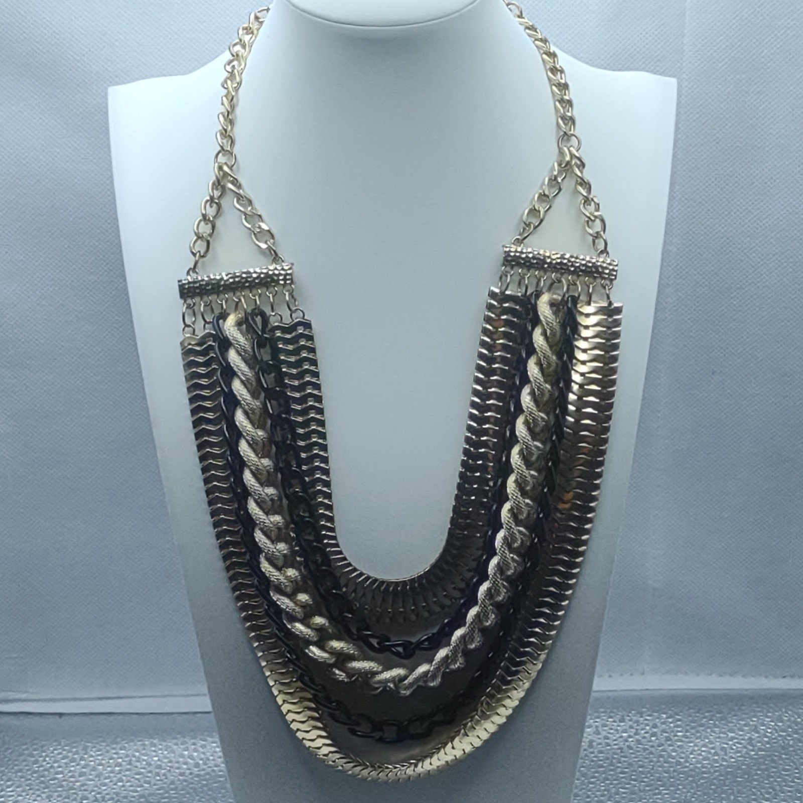 Chicos Gold Layered Chain Bib Necklace Long Adjustable