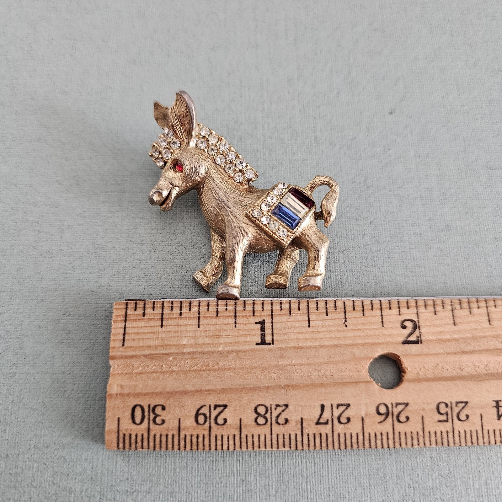 Vintage Brooch Pin Gold Tone Donkey Red White Blue Stones Patriotic