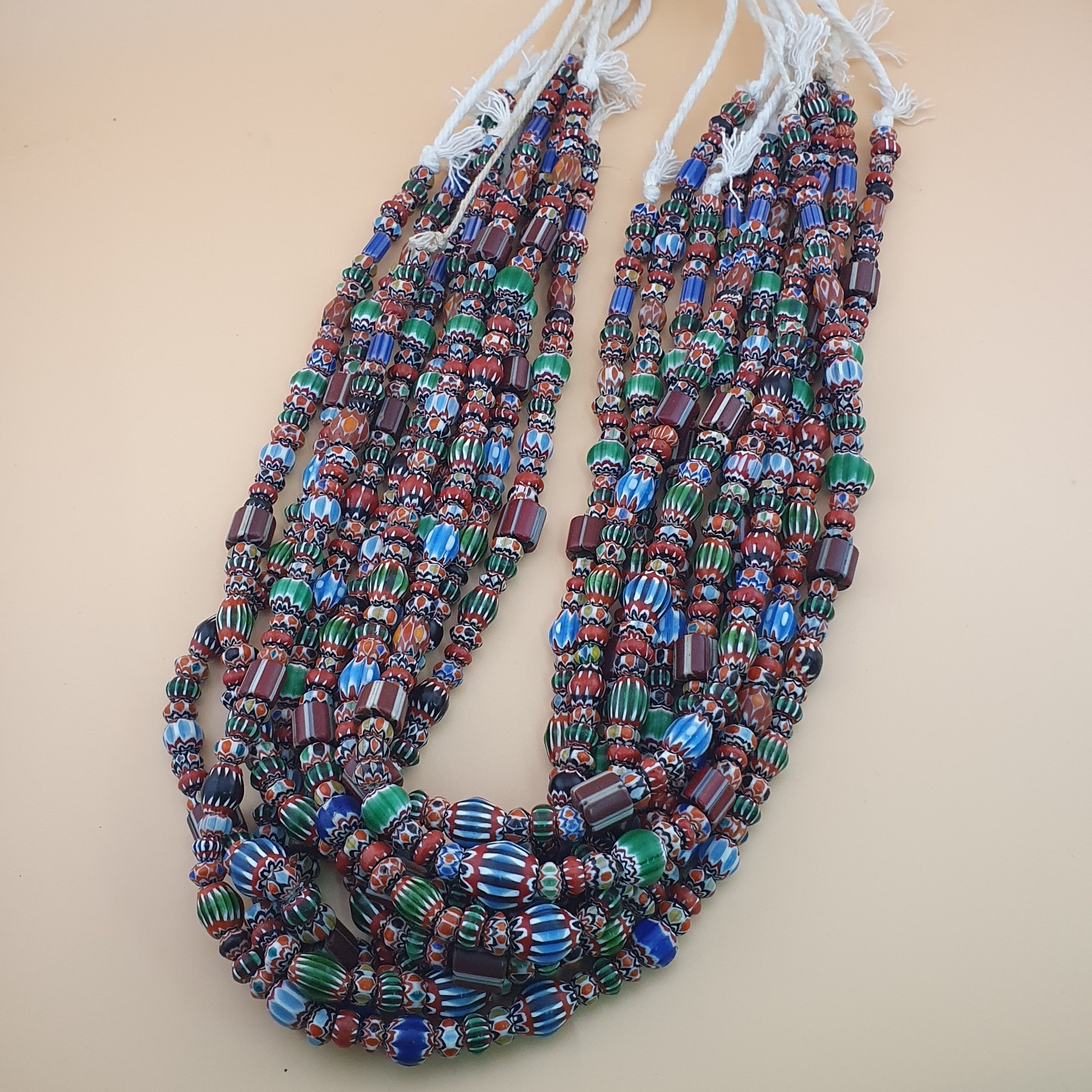 Antique Venetian MultiColor Mix Chevron Glass Beads Strands Necklace