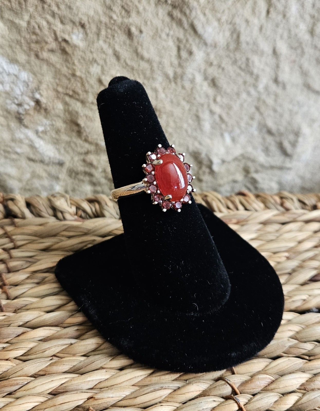 Orange Jade 12 mm Cabochon with Garnets .925 Sterling Silver Ring size 6.75